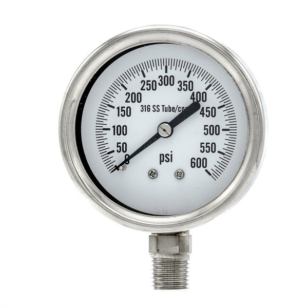 Pic Gauges Gauge, 2.5", 0/600psi, 1/4"LM, SS, 1perRemBez PRO-311D-254K